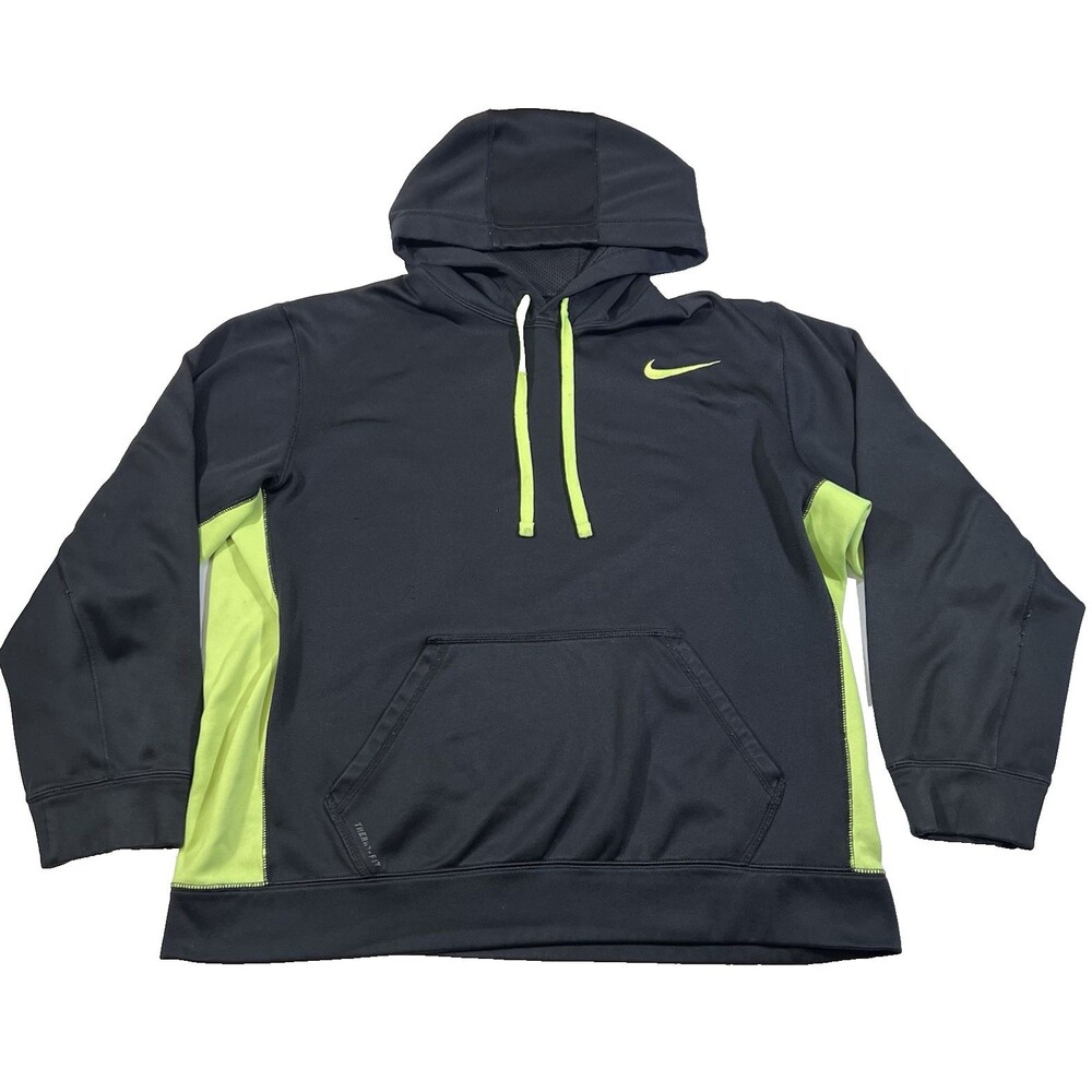Nike Therma-FIT Black Volt Green Pullover Hooded Sweatshirt Men's Large